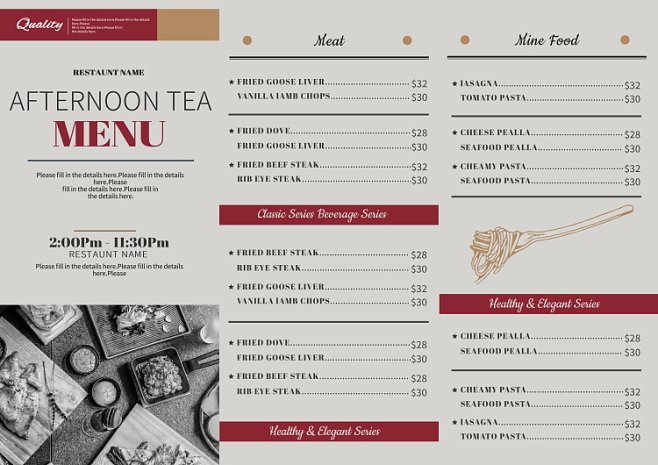 国外西餐厅咖啡厅下午茶牛排MENU菜单P.